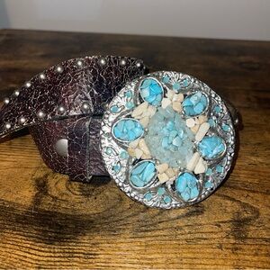Leatherwork Brown Leather Studded Belt Large Buckle Embellished Turquoise 34